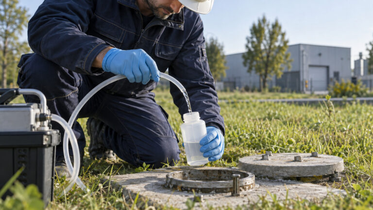 Tecnico preleva un campione di acqua da un piezometro per indagini sulla presenza di PFAS nelle acque sotterranee