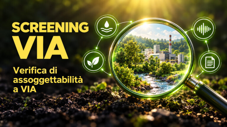 impianto industriale tra alberi e un corso d’acqua, simbolo della verifica di assoggettabilità a VIA