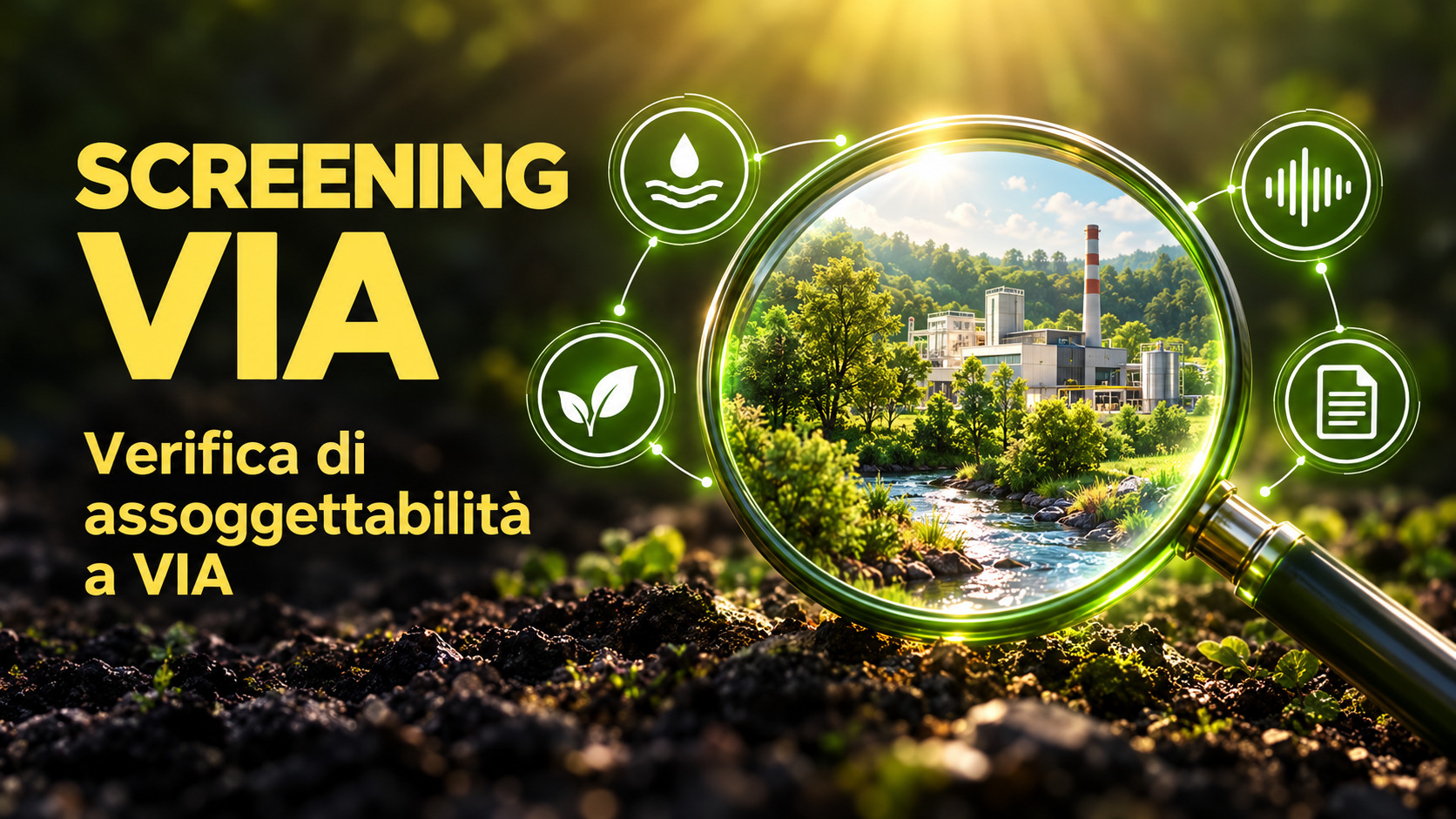 impianto industriale tra alberi e un corso d’acqua, simbolo della verifica di assoggettabilità a VIA